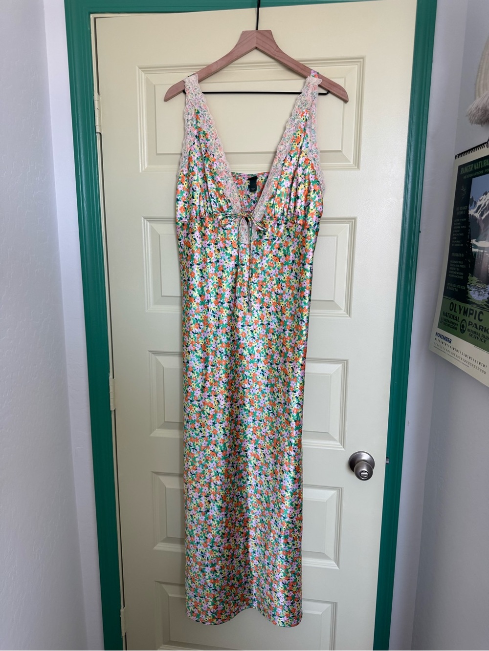 wild fable Floral Satin Slip Dress with Lace Trim - White, Green, Orange, Pink